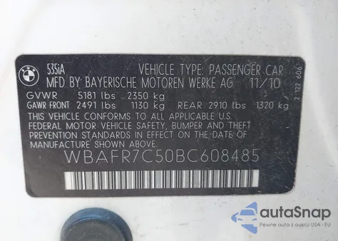 2011 BMW 535I из США, поврежденный, VIN WBAFR7C50BC608485